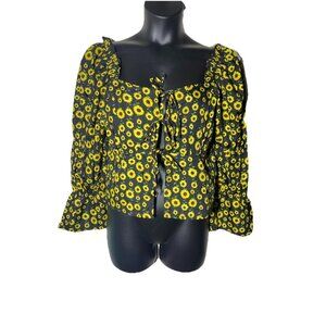 Who’s That Girl Sunflower Print Size Large Tie Up blouse Long Sleeve Ruched Bell